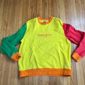Guess Sweatshirt Vintage Mens XL Farmers Market Colorblock Neon USA